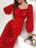 Floral Print Square Neck A-line Dress, Elegant Lettuce Trim Long Sleeve Tie Front Backless Dress, Women's Clothing