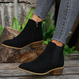 Women's Solid Boots, Short Tube Point Toe Faux Leather Zipper Chunky Heel Casual Boots, Women's Footwear