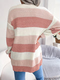 Cozy Striped Colorblock V-neck Cardigan - Super-soft Knit, Loose Fit, Dropped Shoulder - Trendy Womens Winter Wear for Casual Chic