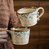 Purpdrank  1pc Retro Elegant Ceramic Mug with Blue Floral Pattern - White with Orange Rim, Perfect for Coffee or Tea, Office or Home Use, Hand Wash Only, Coffee Bar Accessories