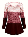 Plaid & Stripe Print Colorblock T-Shirt, Casual Long Sleeve Crew Neck Top For Spring & Fall, Women's Clothing