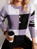 Stylish Color Block Crew Neck Sweater - Soft, Long Sleeve, Elegant, Fall and Winter Essential - Women's Fashion Clothing for Cold Weather