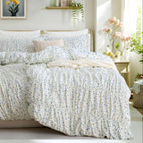 Purpdrank  Ruched Blue Flower Duvet Cover Queen Size, 100% Cotton Reversible Floral Duvet Cover Set with Pocket Closure, 3pcs Soft And Breathable Vintage Bedding Set with 2 Pillowcases for All Seasons