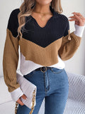Cozy Colorblock Knit Lapel Collar Sweater - Soft Mid-Elastic Acrylic Fabric, Casual Long Sleeve Design, Hand Washable, Perfect for Fall and Winter - Womens Clothing