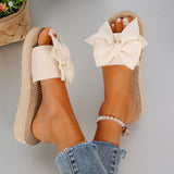 Purpdrank Women's Solid Color Elegant Sandals, Bowknot Decor Slip On Platform Vacation Slides, Comfort Beach Slides