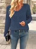 Women's Elegant Long Sleeve V-Neck Knitted Sweater - Solid Color, Regular Fit, Pullover Style with Hollow-Out Detail in Polyester for Spring/Fall