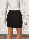 Solid Pleated Cross Hem Skirt, Elegant High Waist Bodycon Skirt For Spring & Fall, Women's Clothing