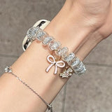 Purpdrank  Korea Cute Bling Glitter Bow Bunny Pendant Change Elastic Band + Case Compatible with for apple Watch Band Series S10 9 8 7 6 5 4 SE S10 42Mm 46Mm 38 40 41Mm 42 44 45Mm 49Mm Summer Girl Strap