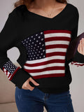 American Flag Print V Neck Sweater, Casual Long Sleeve Sweater For Spring & Fall, Women's Clothing