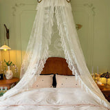Purpdrank  White Lace Bed Canopy, Dreamy and Romantic Bedroom Decor with Metallic Leaf Crown Stand, Exquisite Bridal Chamber Decoration for Brides
