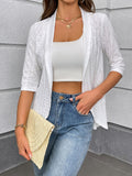 Elegant Open Front Solid Cardigan, Eyelet Embroidered Long Sleeve Cardigan For Spring & Fall, Women's Clothing