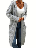 Purpdrank Plus Size Casual Cardigan, Women's Plus Solid Cable Long Sleeve Open Front Hooded Cardigan With Pockets