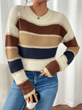 Stylish Color Block Crew Neck Sweater - Soft, Cozy, and Elegant Long Sleeve Drop Shoulder Design for Fall and Winter - Women's Chic Clothing for Casual Daily Wear