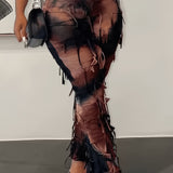 Purpdrank Trendy Tie Dye Flare Leg Pants - High Waist Skinny Tassel Mesh Y2K Style - Perfect for Fall & Winter Chic Wardrobe