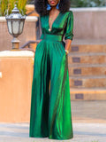 Purpdrank - High Waisted Three-Quarter Sleeves Shiny Solid Color Deep V-Neck Jumpsuits Bottoms