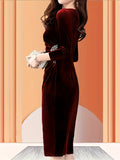 Velvet Zipper Slit Dress, Elegant Slim Fit Ruched 3/4 Sleeve Dress For Spring & Fall, Women's Clothing