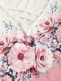 Floral Print Cross V Neck T-Shirt, Casual Long Sleeve Top For Spring & Fall, Women's Clothing