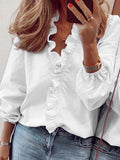 Purpdrank - Puff Sleeves Falbala Solid Color V-Neck Blouses