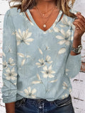 Cutout Floral Print V Neck T-Shirt, Casual Long Sleeve Top For Spring & Fall, Women's Clothing