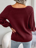 Chic Casual Women's Pullover Sweater - Round Neck, Lantern Sleeves, Textured Buttons, Perfect for Spring/Fall