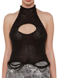 Solid Color Ripped Halter Top, Vintage Mock Neck Tie Back Knitted Top For Spring & Summer, Women's Clothing