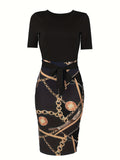 Chic Chain Print Womens Sheath Dress - Short Sleeve, Tie Waist, Casual Style - Perfect for Spring & Summer - A Fashion Must-Have for Your Wardrobe
