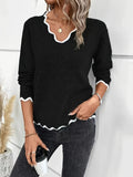 Contrast Trim V Neck Pullover Sweater, Casual Long Sleeve Knitted Sweater For Spring & Fall, Women's Clothing