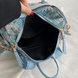 Purpdrank  Versatile Blue Nylon Backpack with Floral Pattern - Casual Ethnic College Style, Durable with Polyester Lining, Zip Closure, and Adjustable Straps for School & Travel, Travel Backpack
