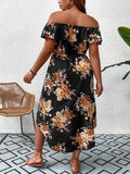 Plus Size Peplum Dress - Elegant Off the Shoulder, Short Sleeve, Slight Stretch, Floral Print, Dipped Hem, Woven Polyester Fabric - Perfect for Spring and Summer Seasons