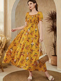 Floral Print Square Neck A-line Dress, Elegant Short Sleeve Dress For Spring & Summer, Women's Clothing