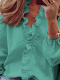 Purpdrank - Puff Sleeves Falbala Solid Color V-Neck Blouses