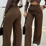 Purpdrank  Women's Double-Breasted Wide-Leg Pants - Solid Black Casual Trousers, Machine Washable & Dry Cleanable, All-Season Versatile Office & Casual Attire, Commuting Attire, Sleek Design, Durable Material, Stylish Bottoms