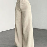 Purpdrank  Women's High-Waisted Wide-Leg Pants - Corduroy-Textured Casual Trousers with Relaxed Fit, Side Pockets & All-Season Comfort, Machine Washable Beige Trousers for Women
