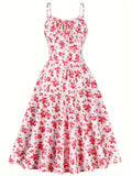 Floral Print Tie Front Dress, Vintage Elegant Sleeveless Spaghetti Strap Dress, Women's Clothing