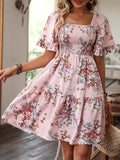 Floral Print Shirred Waist Dress, Elegant Short Sleeve Square Neck Dress, Women's Clothing