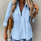 Purpdrank Womens Long Sleeve Lapel Collar Shirt - Soft Micro Elastic Polyester Fabric, Semi-Sheer, Pocket Detail, All-Season Casual Wear for Office and Daily Life