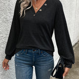 Purpdrank Stylish V Neck Long Sleeve Ribbed T-shirt - Women's Elegant Daily T-Shirts with Buttons - Soft, Breathable, and Comfortable Clothing for Everyday Wear