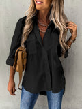 Purpdrank Womens Long Sleeve Lapel Collar Shirt - Soft Micro Elastic Polyester Fabric, Semi-Sheer, Pocket Detail, All-Season Casual Wear for Office and Daily Life