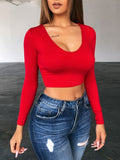 Basic Skinny Stretchy Crop T-shirt, Long Sleeve V Neck Solid T-Shirt, Casual Every Day Tops, Women's Clothing