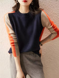 Vibrant Color Block Knit Pullover Sweater - Soft, Medium Stretch, Crew Neck, Long Sleeve, Viscose Blend Top for All Seasons, Casual Wear, Everyday Comfort