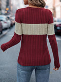 Cozy Ribbed Crew Neck Sweater - Soft, Long Sleeve, Casual, Colorblock Design, Women's Fashion Clothing for Everyday Wear