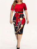 Chic Chain Print Womens Sheath Dress - Short Sleeve, Tie Waist, Casual Style - Perfect for Spring & Summer - A Fashion Must-Have for Your Wardrobe