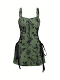 Wide Strap Y2K Sleeveless Butterfly Print Lace Up Mini Dress for Spring & Summer, Women's Clothing
