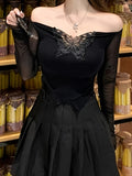 Y2K Long Sleeve Off Shoulder Butterfly Applique Contrast Mesh Top, Cute/Coquette Style Women's Clothing