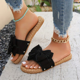 Purpdrank [Off-the-Shoulder Summer Sandals] Re Na Qian Qing Women's Summer Slide Sandals - Chic Off-the-Shoulder, Bowknot Design - Fabric Upper, Flat Heel, Open Toe, PU Sole, Handwash/Dry Clean