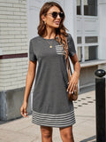 Striped Crew Neck Patched Pocket Dress, Elegant Short Sleeve Dress For Spring & Summer, Women's Clothing