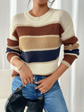 Stylish Color Block Crew Neck Sweater - Soft, Cozy, and Elegant Long Sleeve Drop Shoulder Design for Fall and Winter - Women's Chic Clothing for Casual Daily Wear