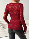 Purpdrank Elegant Womens Sheer Lace V-Neck Tee - Long Sleeve, Slim Fit, Fashionable Casual Wear