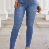 Purpdrank Button Fly Pintuck Skinny Jeans, Double-breasted Medium Stretch Vintage Style Denim Pants, Women's Denim Jeans & Clothing suit for autumn