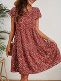 Floral Print Crew Neck Dress, Vintage Short Sleeve Dress For Spring & Summer, Women's Clothing
